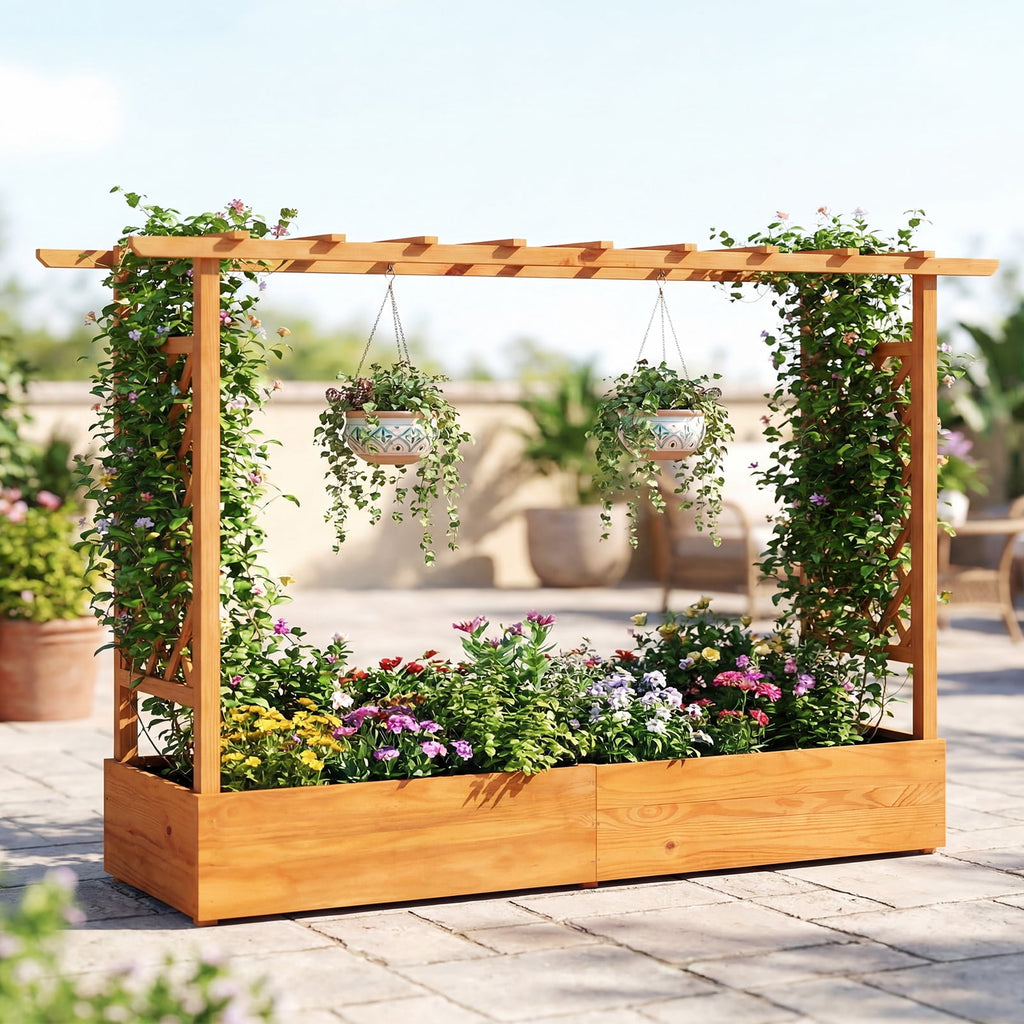 Costway 1 PCS Raised Garden Bed with Trellis Hanging Roof Planter Box Drainage Holes for Patio