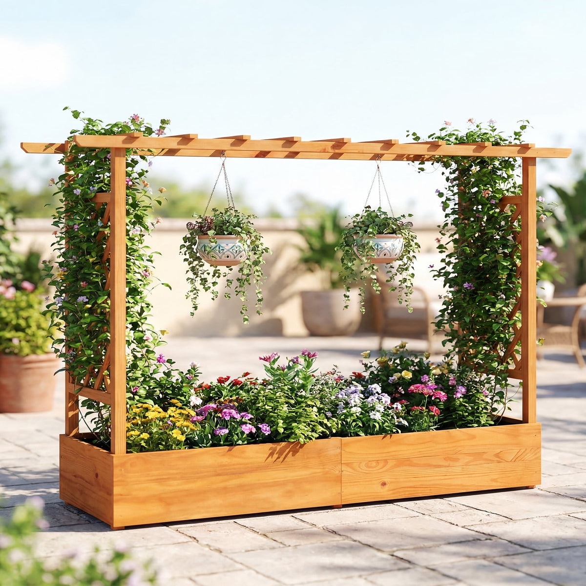 Costway 1 PCS Raised Garden Bed with Trellis Hanging Roof Planter Box Drainage Holes for Patio