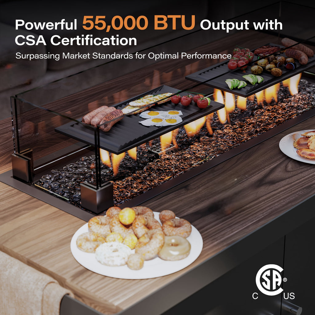 KAMEROUT 43" Outdoor Fire Pit Table, 55,000 BTU Patio Propane Fire Pit with Wood Grain Tabletop & Wind Guard, Black