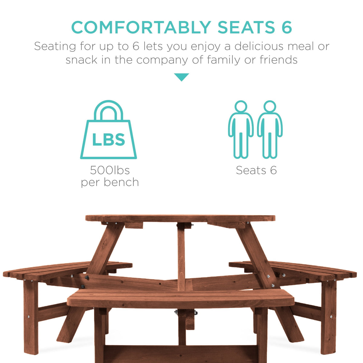 Best Choice Products 6-Person Circular Outdoor Wooden Picnic Table with 3 Built-in Benches, 500lb Capacity, Walnut Brown