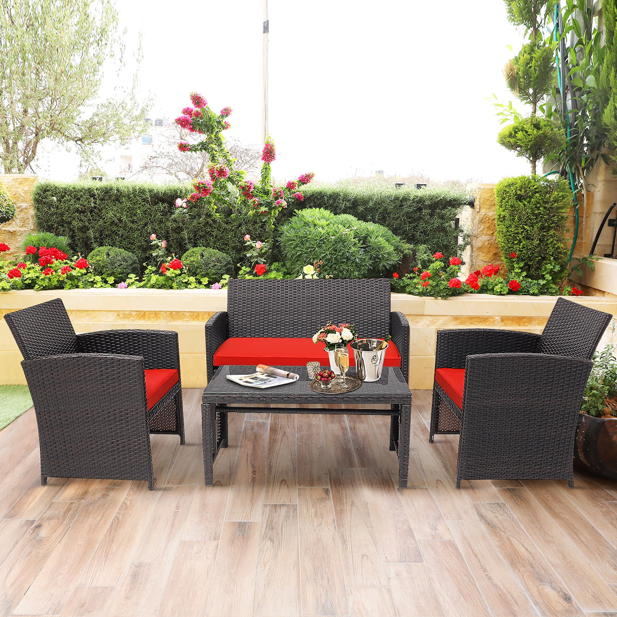 Costway 4PCS Patio Rattan Furniture Set Cushioned Chair Sofa Coffee Table Red