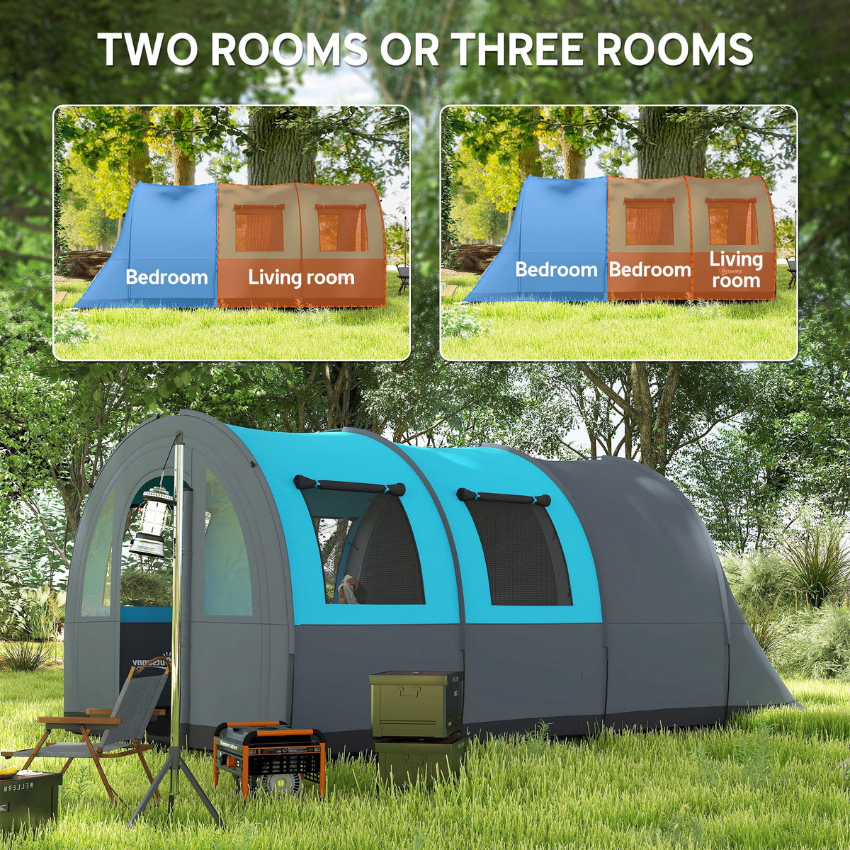 Outsunny 5-6 Person Camping Tent, Waterproof Tunnel Family Tent, Grey/Blue