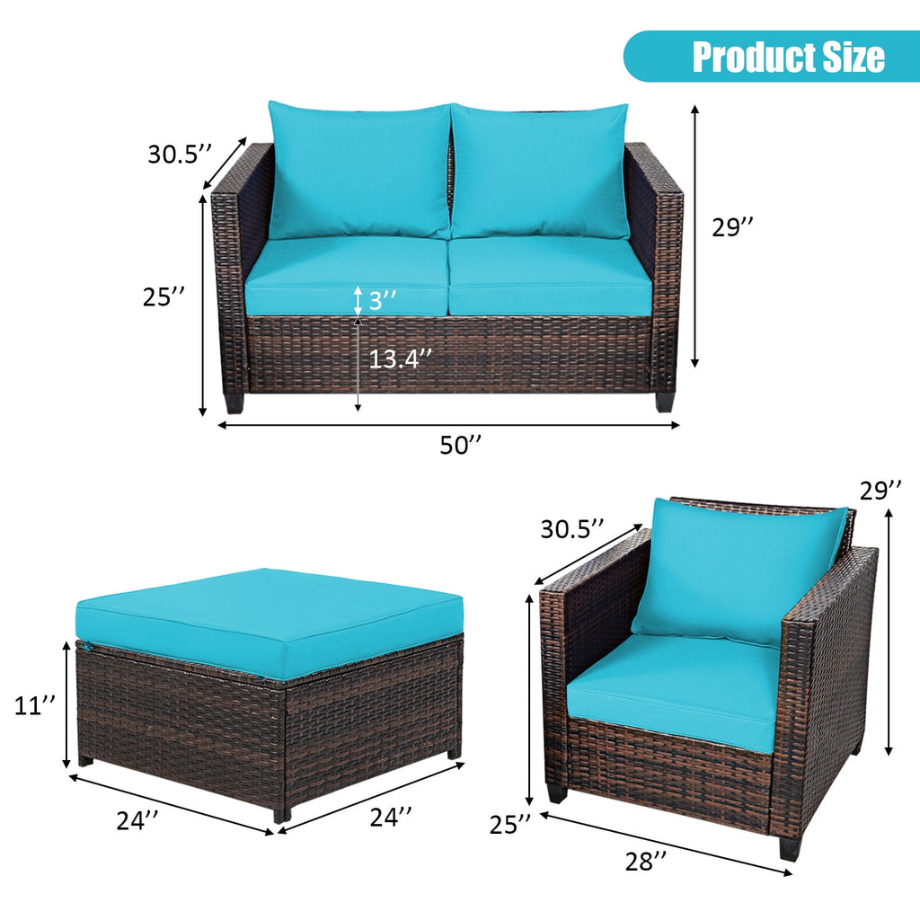 Costway 5PCS Patio Rattan Furniture Set Loveseat Sofa Ottoman Cushion Turquoise
