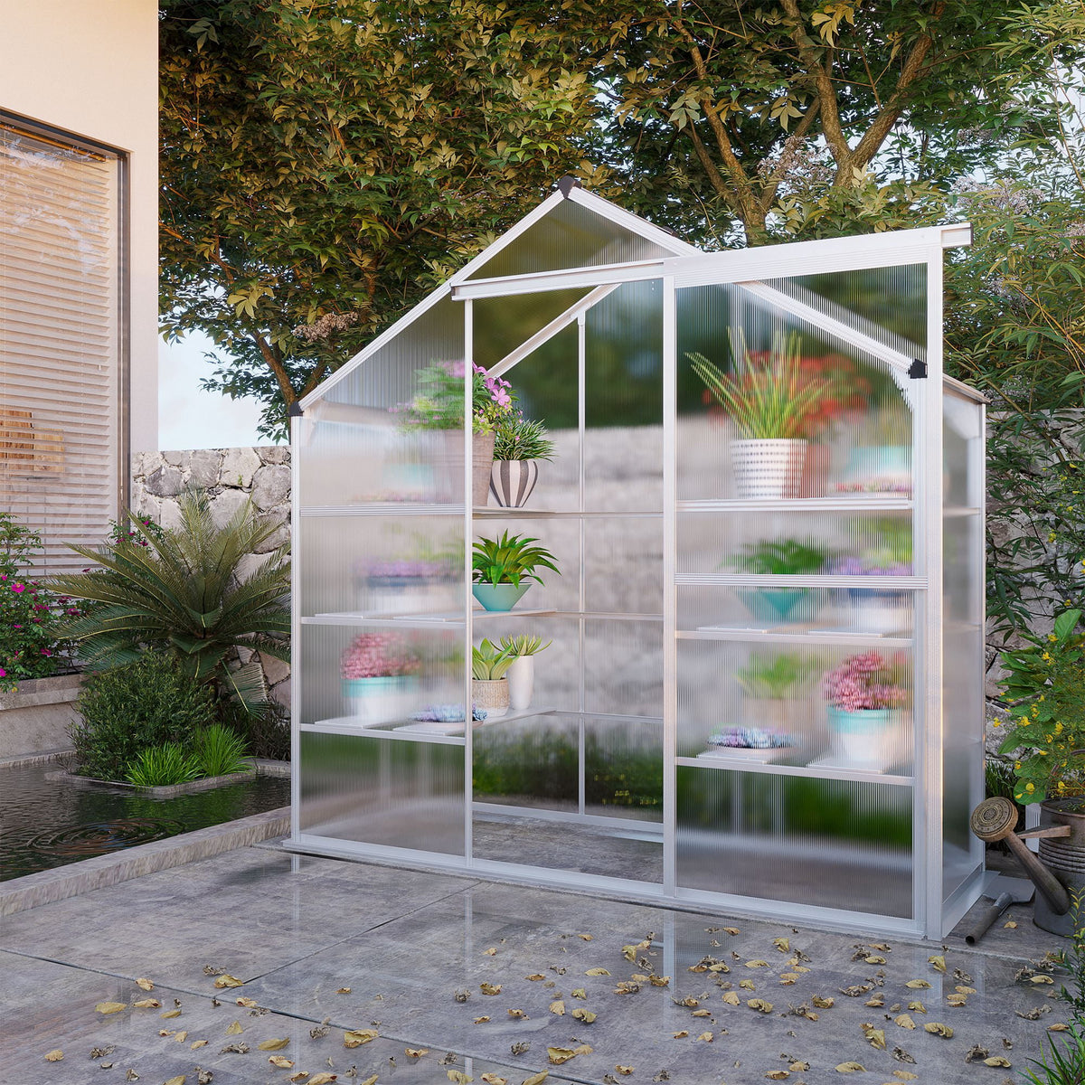 Outsunny Walk-in Greenhouse with 3-Tier Shelves, Polycarbonate Cold Frame