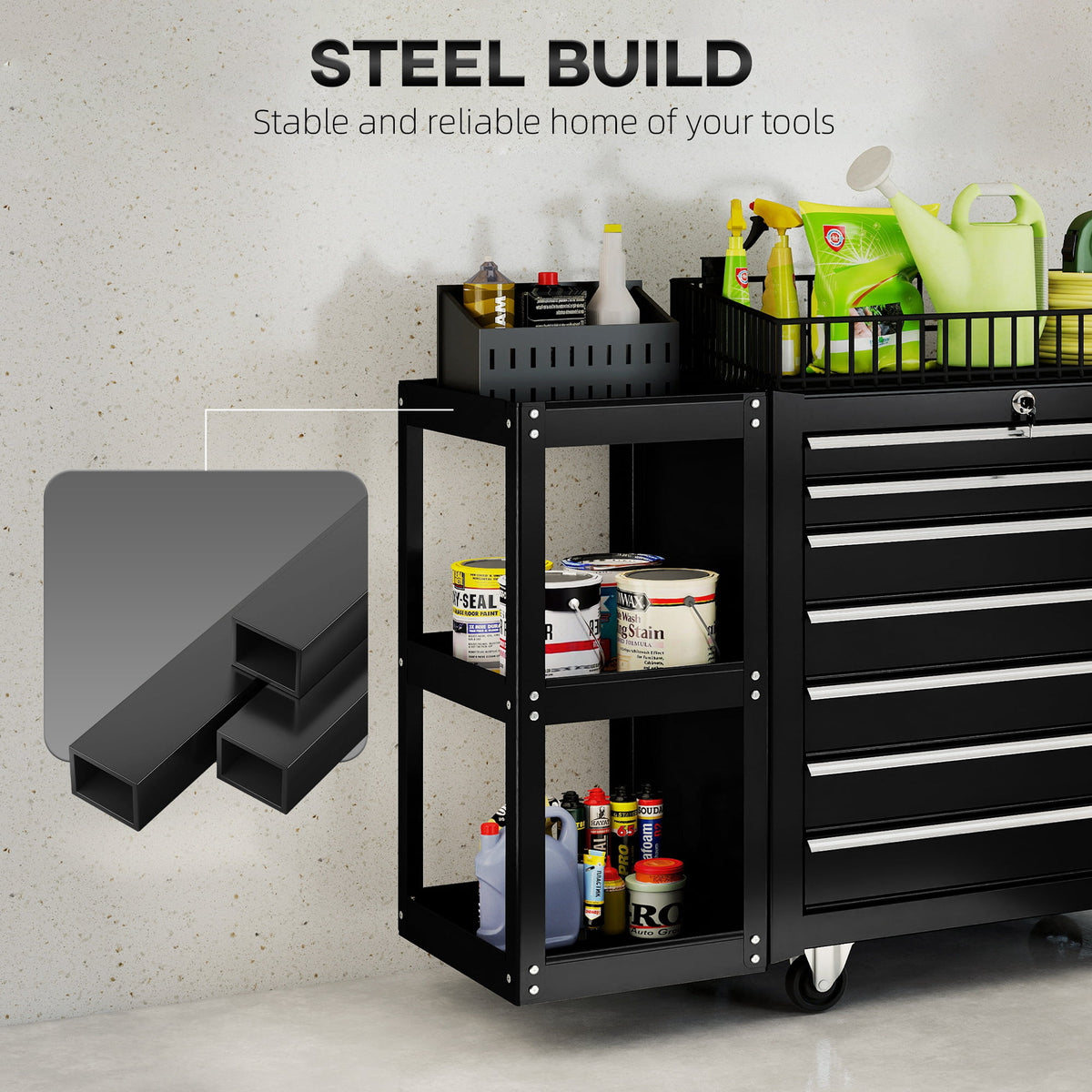 CoSoTower 7-Drawer Rolling Tool Chest with Detachable Side Shelf, Lockable Tool Cabinet Box Organizer with Wheels, Black