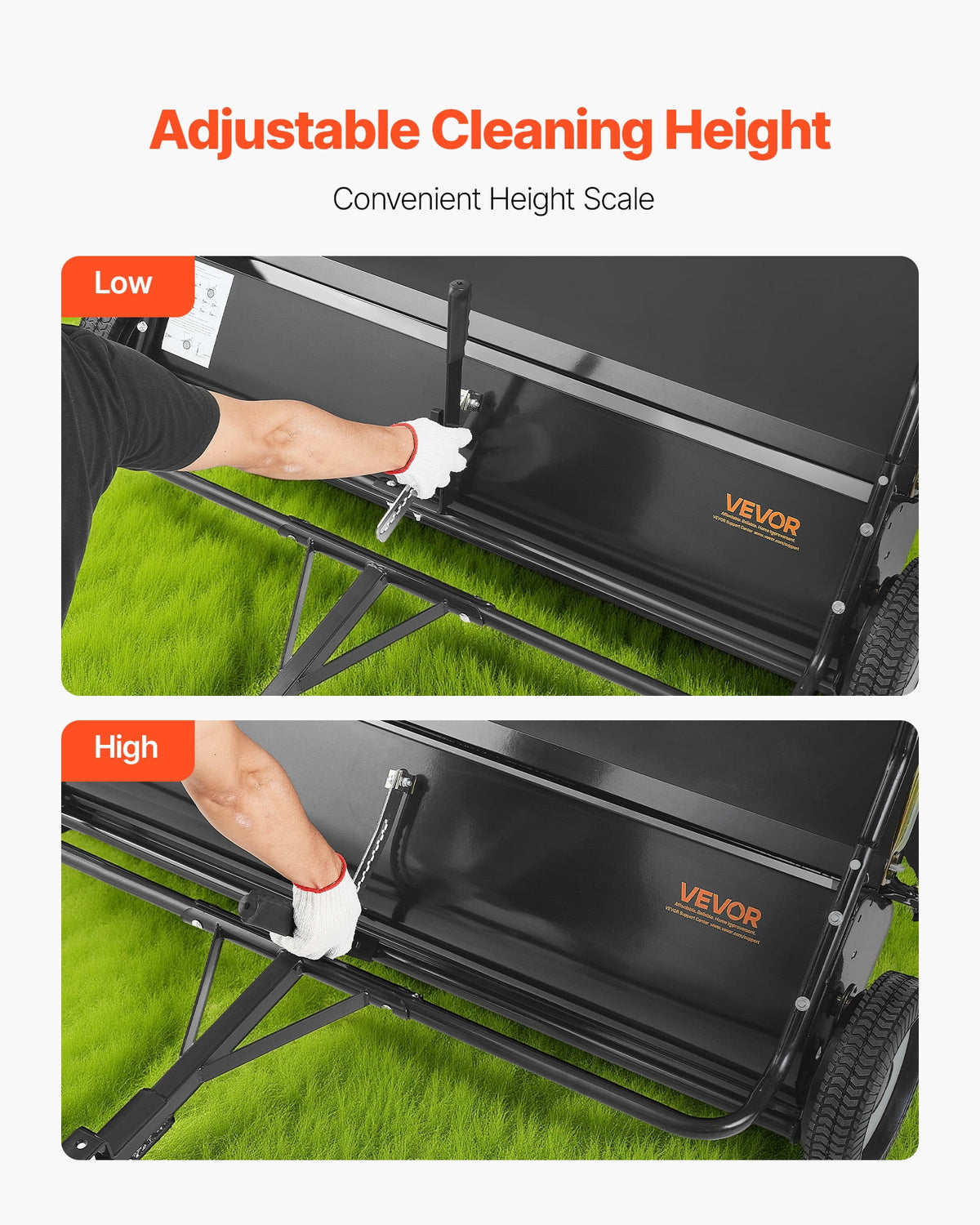 VEVOR 48-Inch Tow-Behind Lawn Sweeper, 26 cu ft Hopper, Adjustable Sweeping Height and Dumping Rope