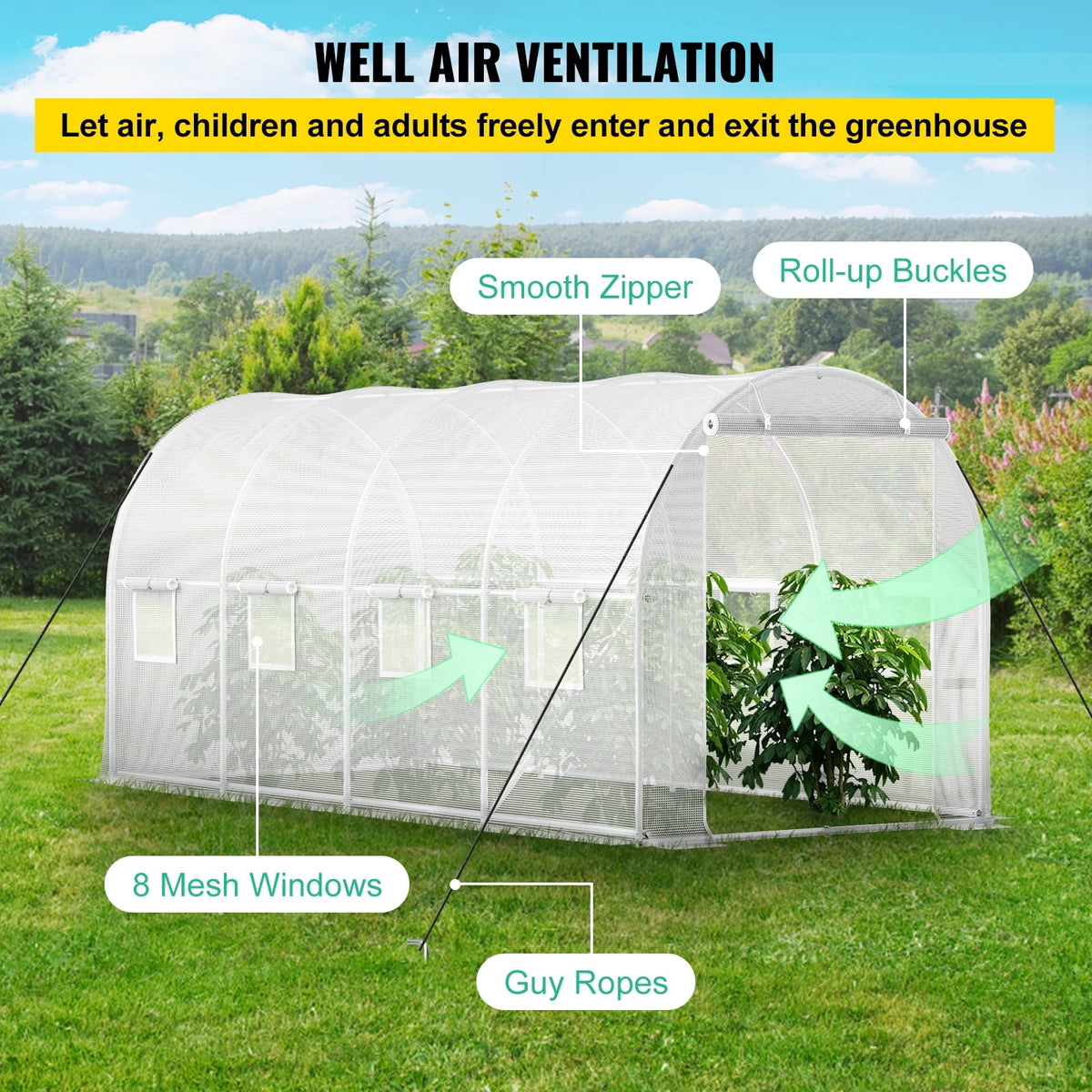 KFFKFF 15x6.5x7 Ft Walk-In Tunnel Greenhouse, Galvanized Steel Frame, Zipper Door and 8 Roll-Up Windows, White