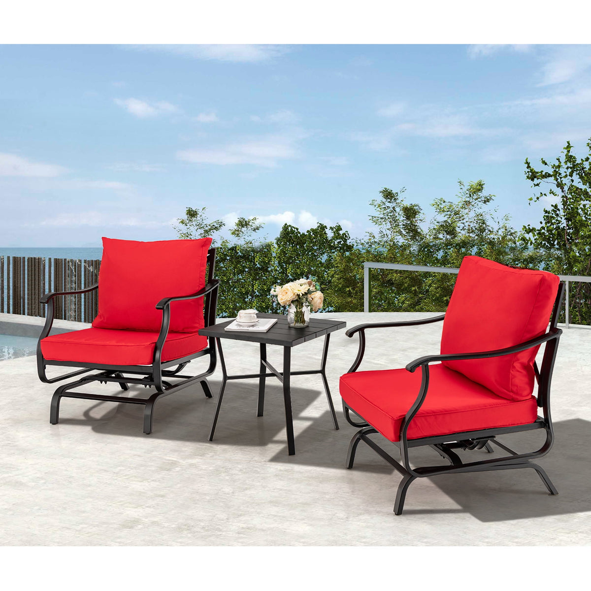 Gymax 3PCS Outdoor Rocking Chair Set Patio Conversation Bistro Set w/ Red Cushions