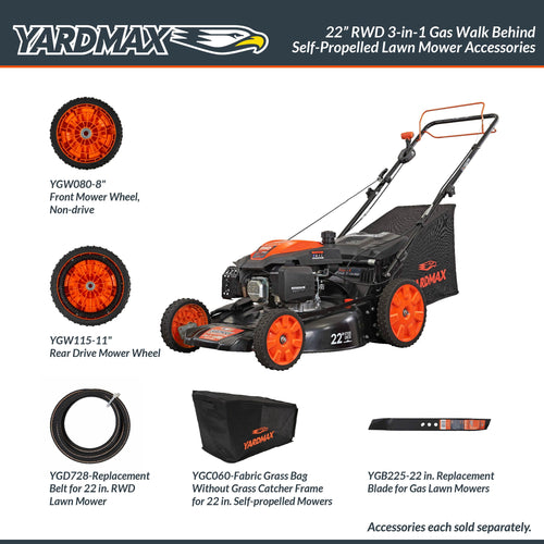 Yardmax YG2760 22" 201cc Gas Powered Self-Propelled Walk-Behind Lawn Mower, 3-in-1, 6-Speed CVT, RWD
