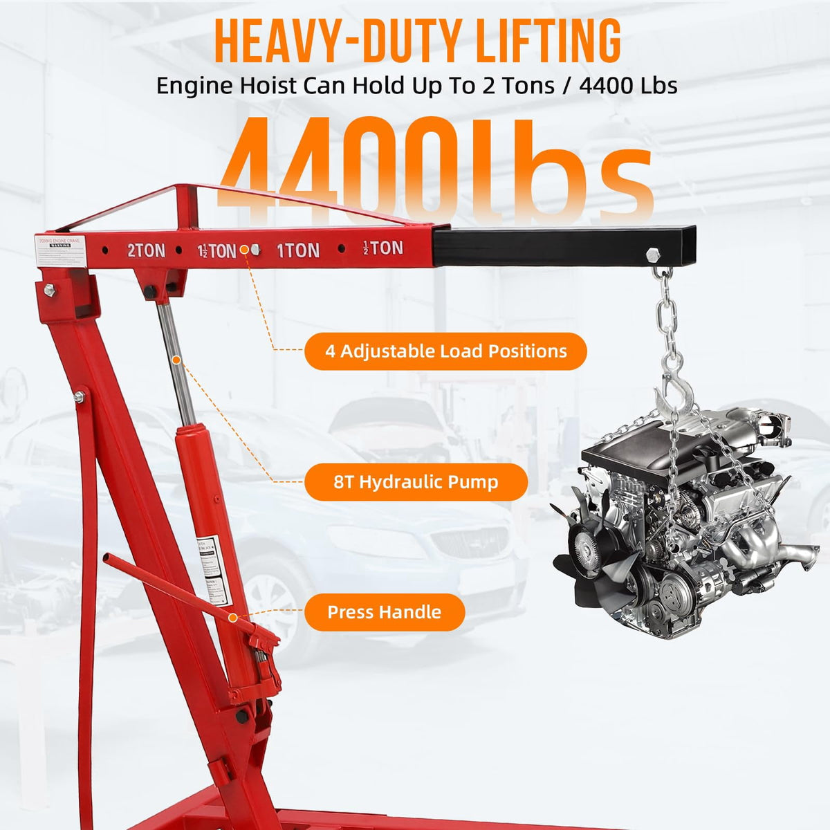 AKDSteel 2-Ton/4400 lb Folding Engine Hoist, Cherry Picker with 4 Adjustable Positions and Wheels