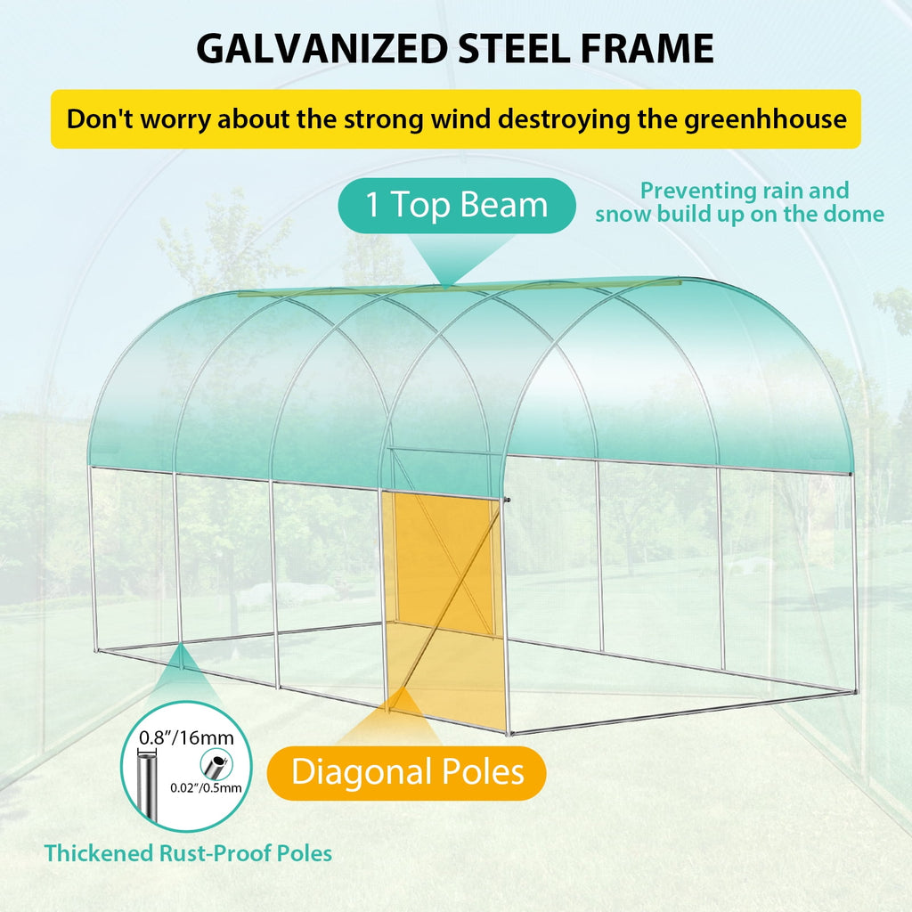 15x7x7 Ft Walk-In Tunnel Greenhouse, Galvanized Steel Frame, Green PE Cover, Zipper Door and 8 Mesh Windows