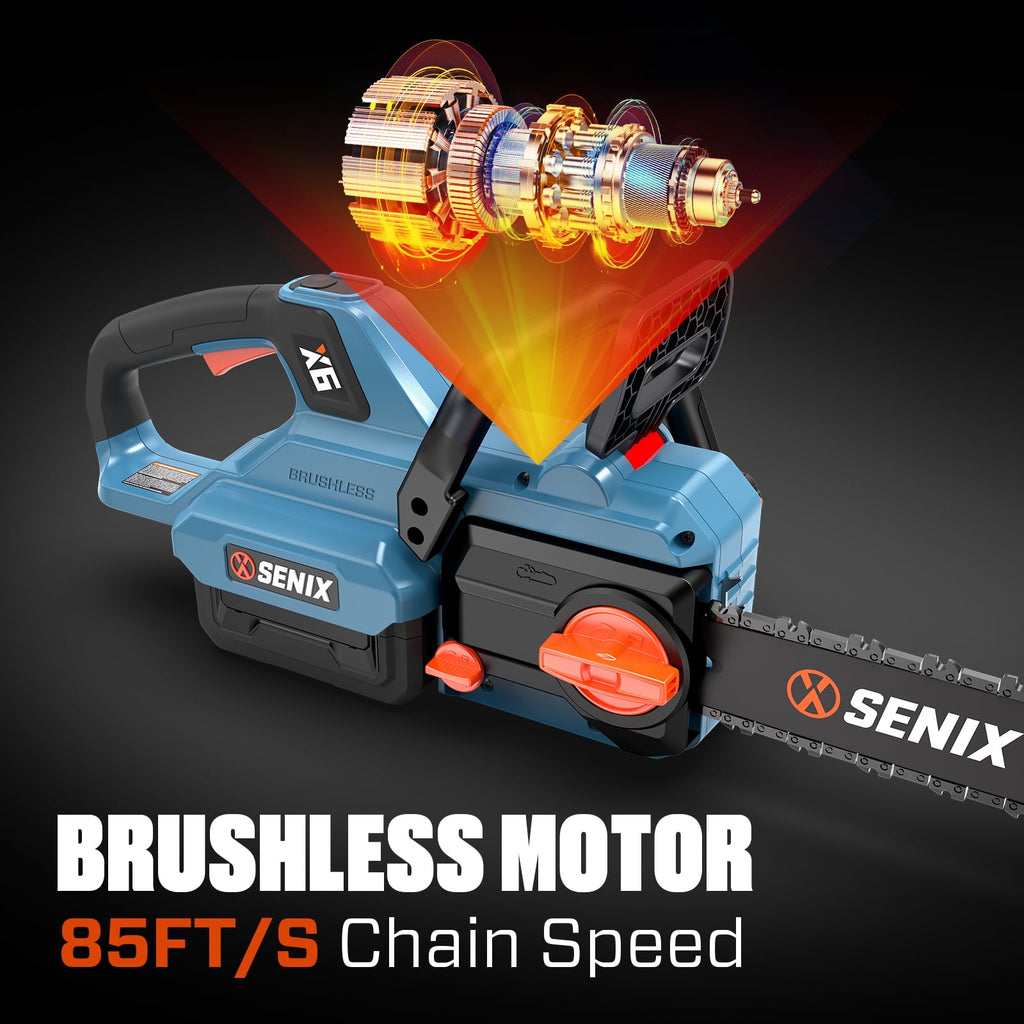 SENIX CSX6-M1 18" 60V Battery Powered Chainsaw, Brushless, Automatic Oiler, Tool-Free Chain Tensioning, Cordless