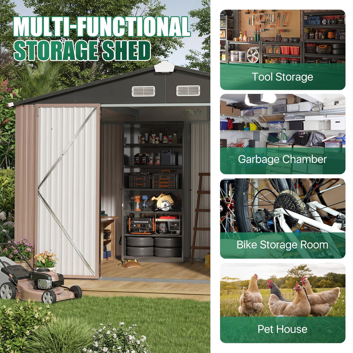 Clouddwell 10x8 Ft Metal Outdoor Storage Shed, Double Hinged Lockable Doors and Sloped Roof, Brown