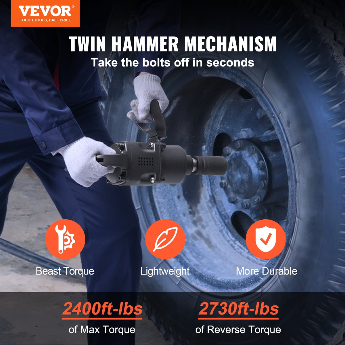 VEVOR 1-Inch Air Impact Wrench, 2730 ft-lb Max Reverse Torque, Lightweight Pneumatic Impact Gun with 2 Handles