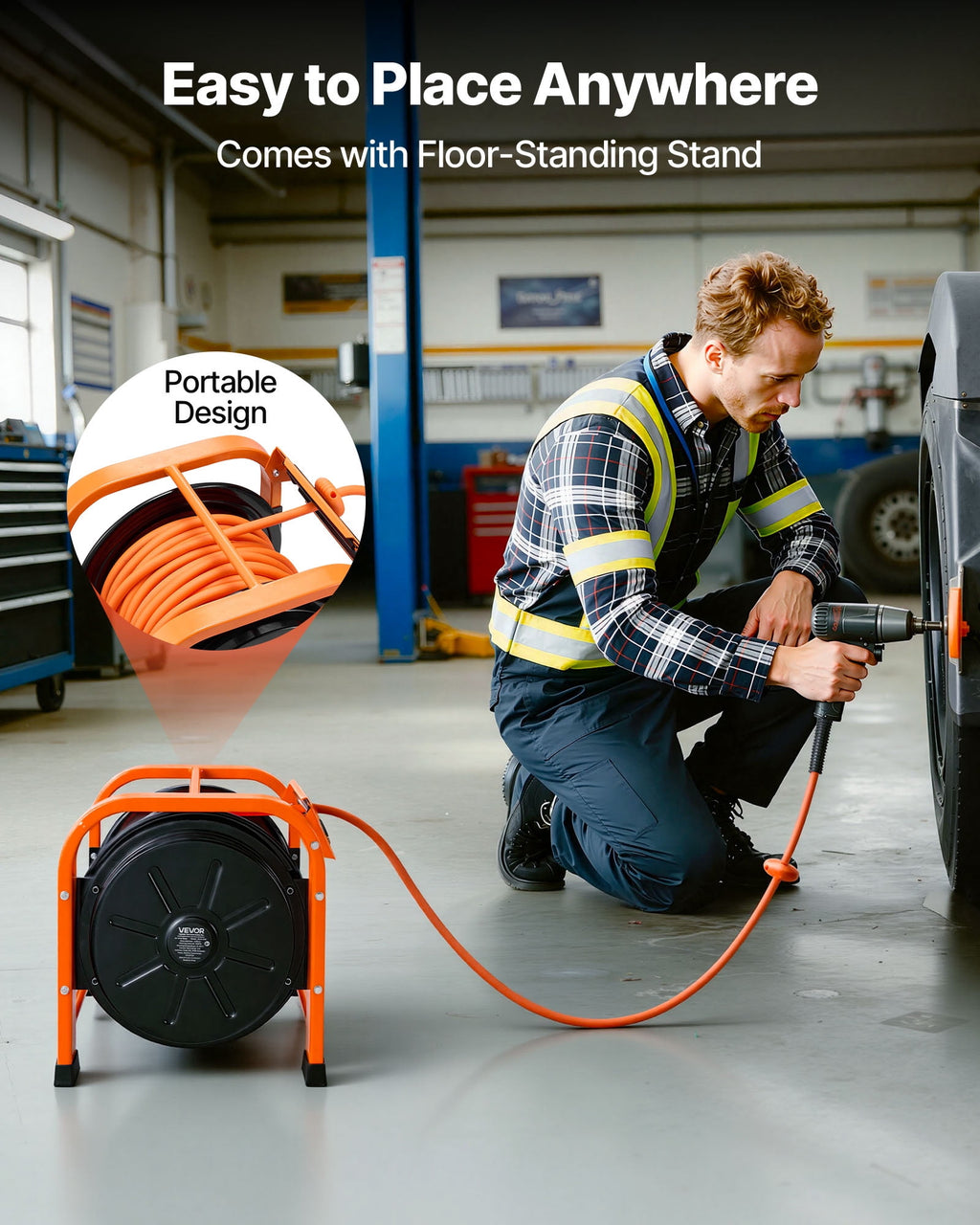 VEVOR Retractable Air Hose Reel, 3/8 Inch x 100 FT PVC Air Hose Max 300PSI, Auto Rewind Air-Compressor Hoses Reel