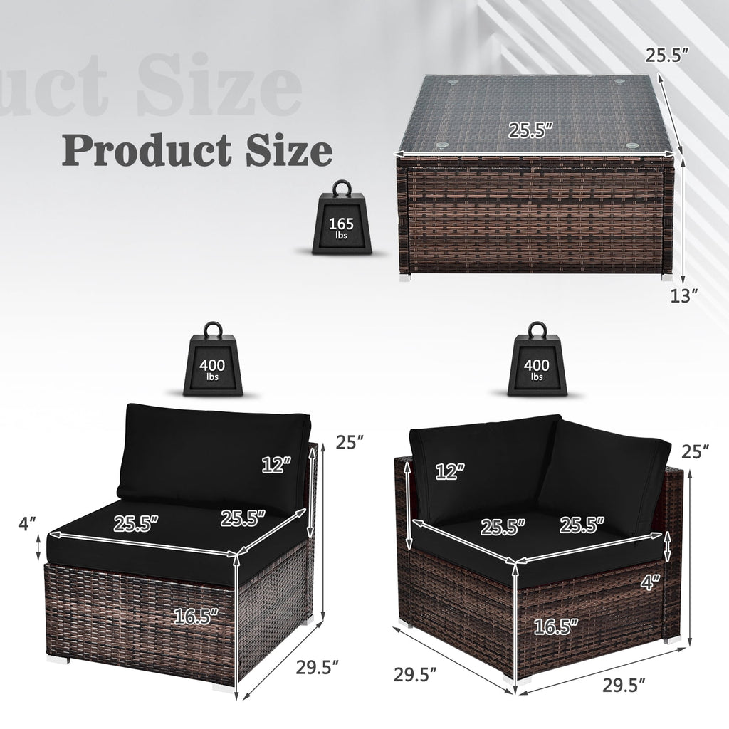 Patiojoy 6PCS Wicker Patio Sectional Conversation Furniture Set with Coffee Table & Seat Cushions Black