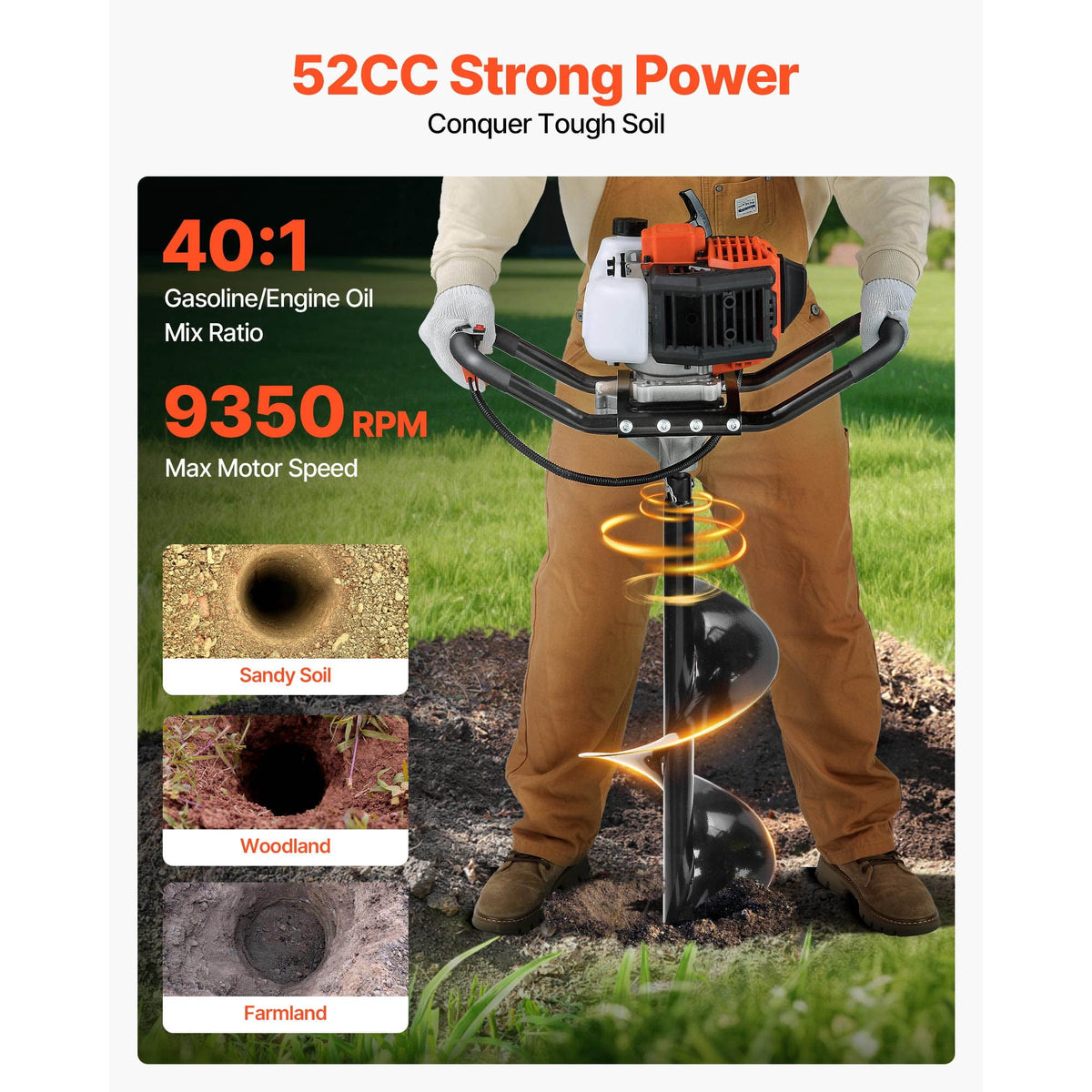 KFFKFF 52cc 1450W Gas Post Hole Digger, 6-Inch and 10-Inch Auger Bits, 3 Extension Rods, EPA Listed