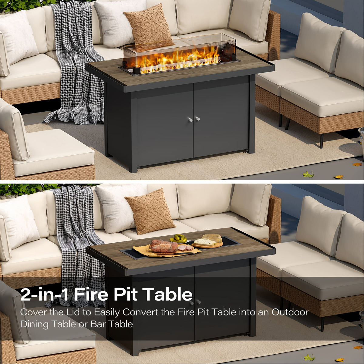 KAMEROUT 43" Outdoor Fire Pit Table, 55,000 BTU Patio Propane Fire Pit with Wood Grain Tabletop & Wind Guard, Black