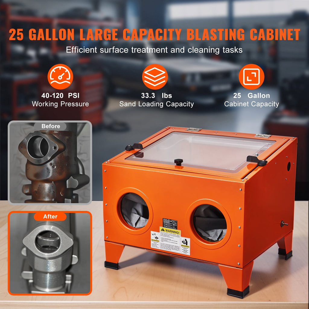 KFFKFF 25-Gallon Benchtop Sandblasting Cabinet, 40-120 PSI, Steel Construction, Blasting Gun and 4 Ceramic Nozzles