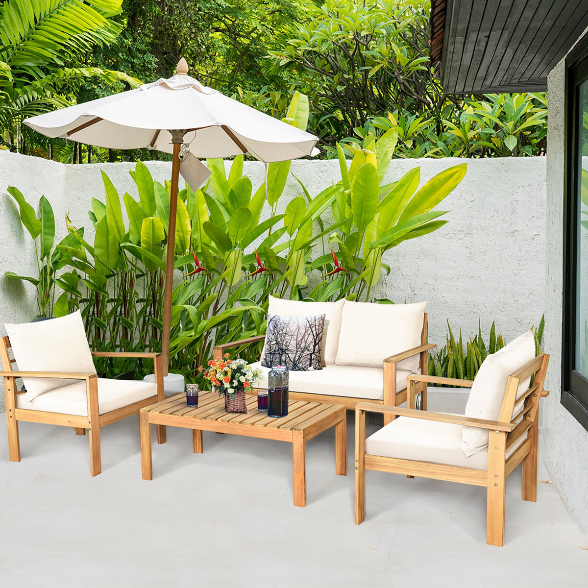 Costway 4PCS Patio Furniture Set Acacia Wood Thick Cushion Loveseat Sofa Off White