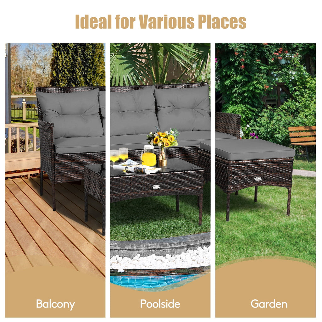 Patiojoy 3 PCS Patio Furniture Set Outdoor All Weather Wicker Conversation Set w/Cushioned Ottoman & Side Table Gray