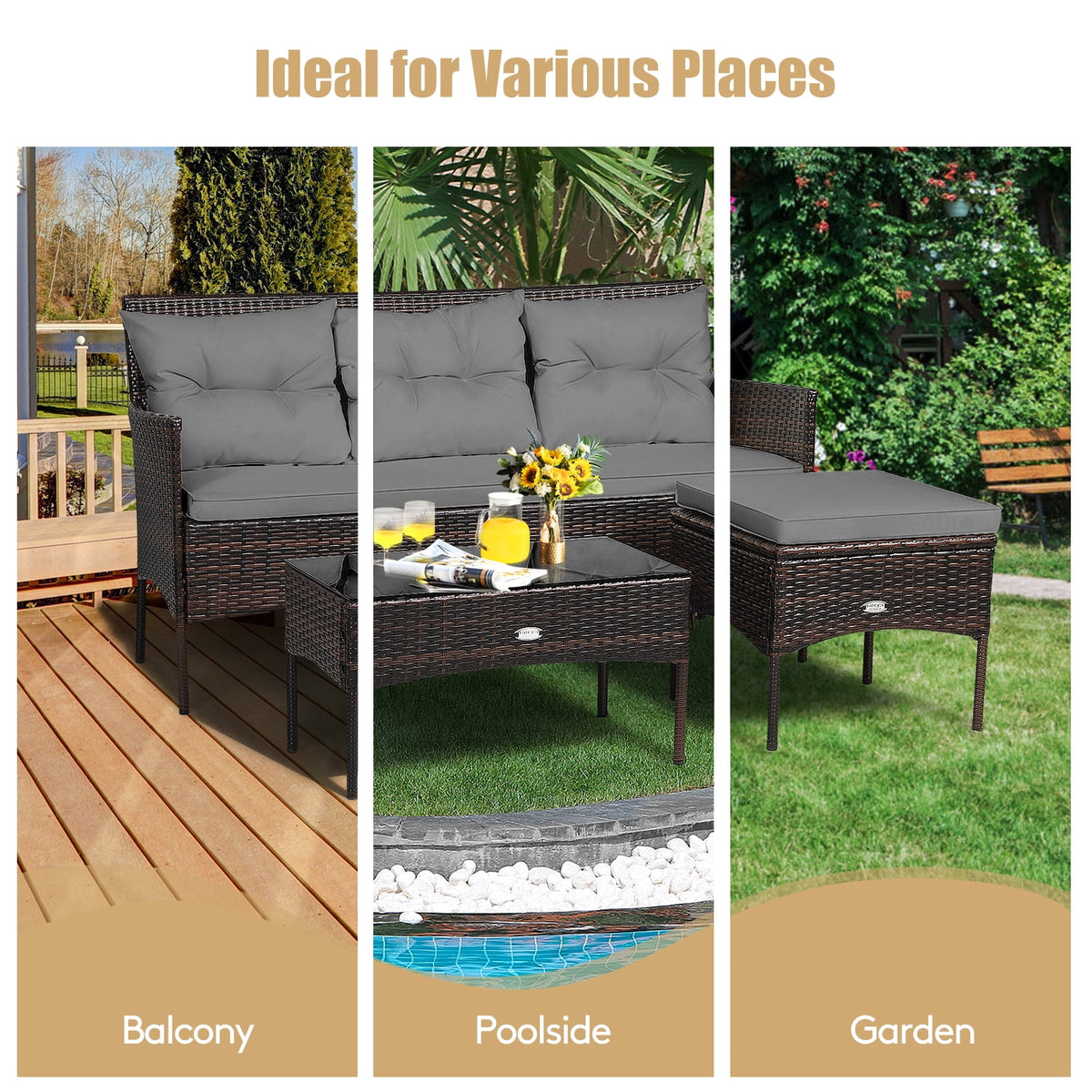 Patiojoy 3 PCS Patio Furniture Set Outdoor All Weather Wicker Conversation Set w/Cushioned Ottoman & Side Table Gray