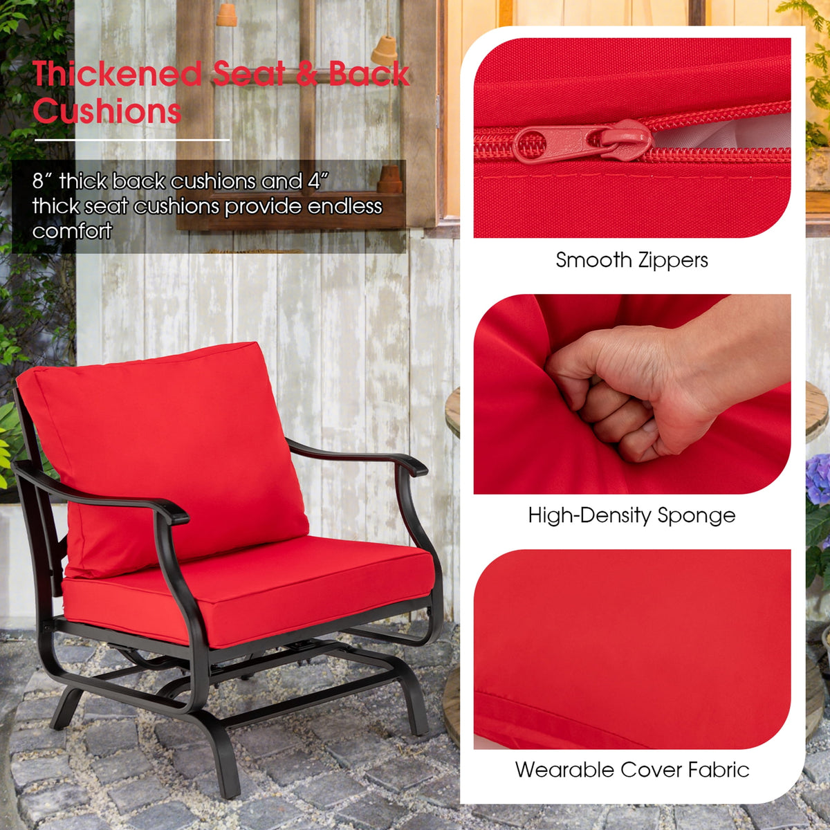 Gymax 3PCS Outdoor Rocking Chair Set Patio Conversation Bistro Set w/ Red Cushions