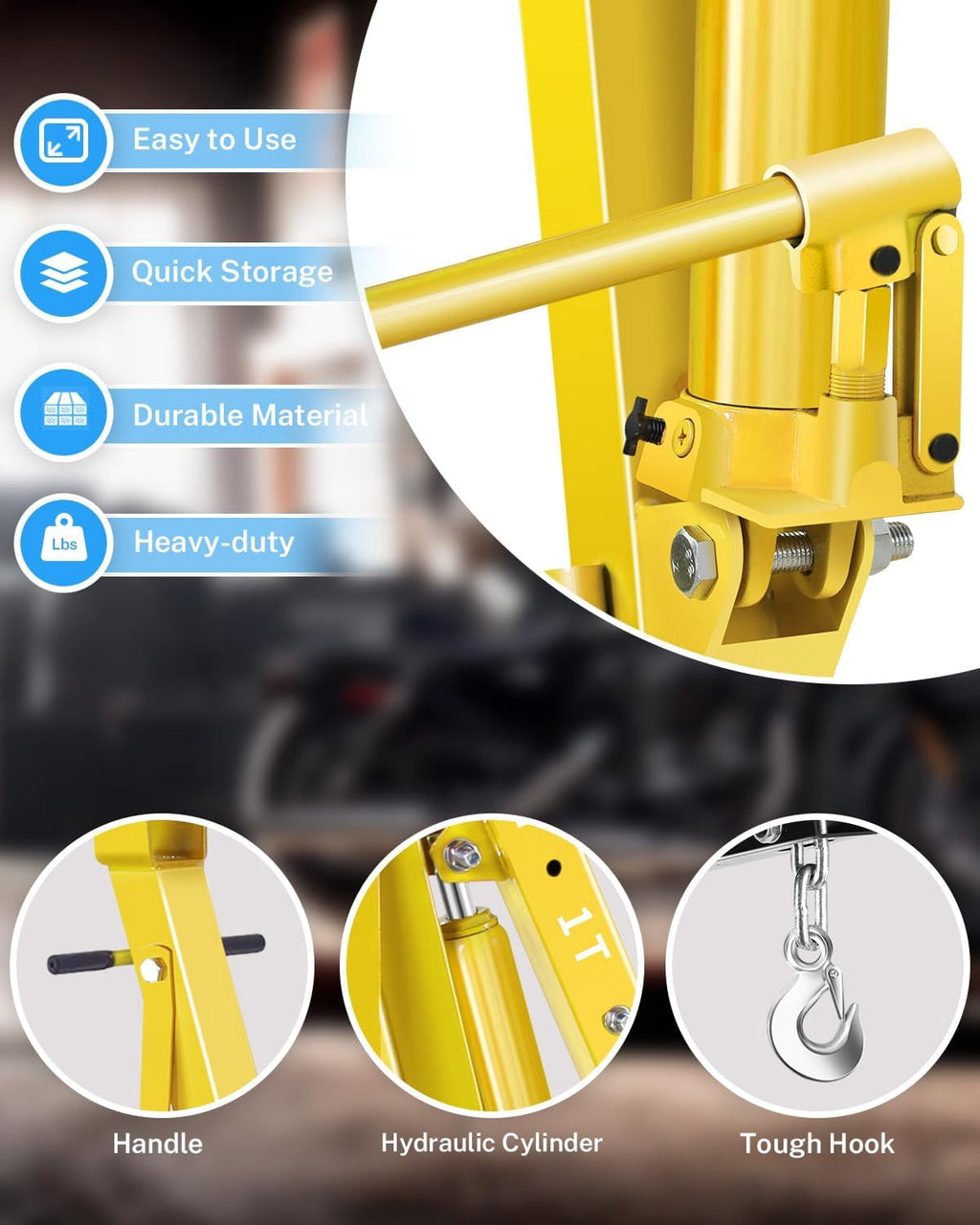 Kojooin 2-Ton/4400 lb Folding Hydraulic Engine Hoist, Shop Crane with 6 Casters and Telescopic Boom