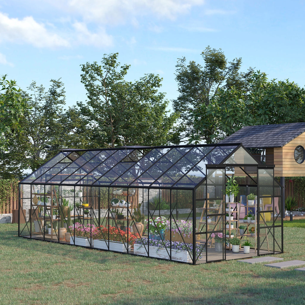 Outsunny Polycarbonate Greenhouse Kit with Vent Rain Gutter Door, Black