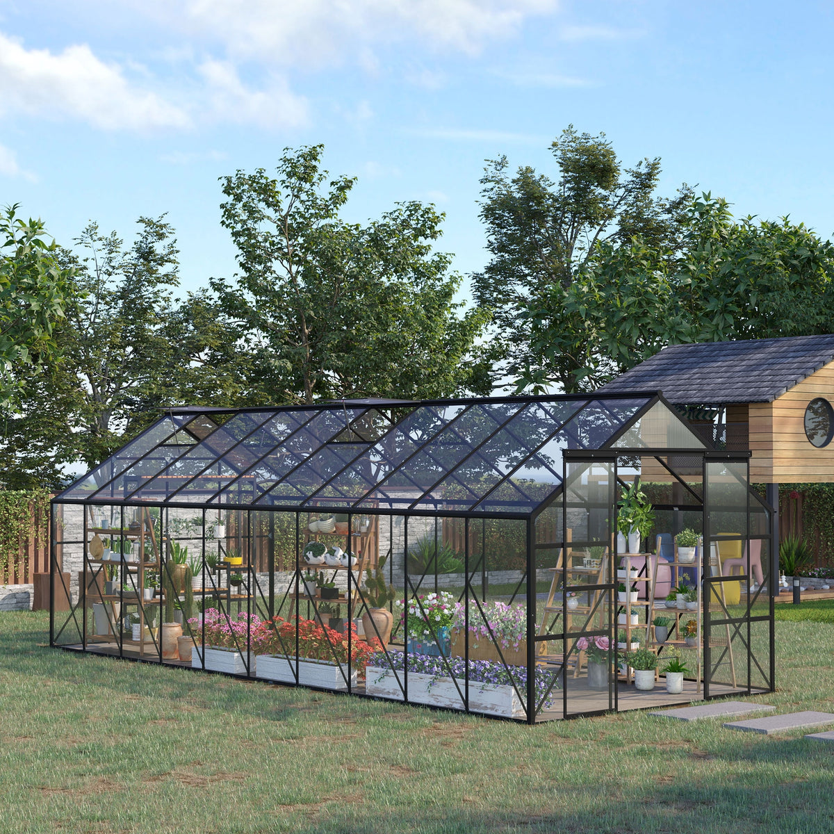 Outsunny Polycarbonate Greenhouse Kit with Vent Rain Gutter Door, Black