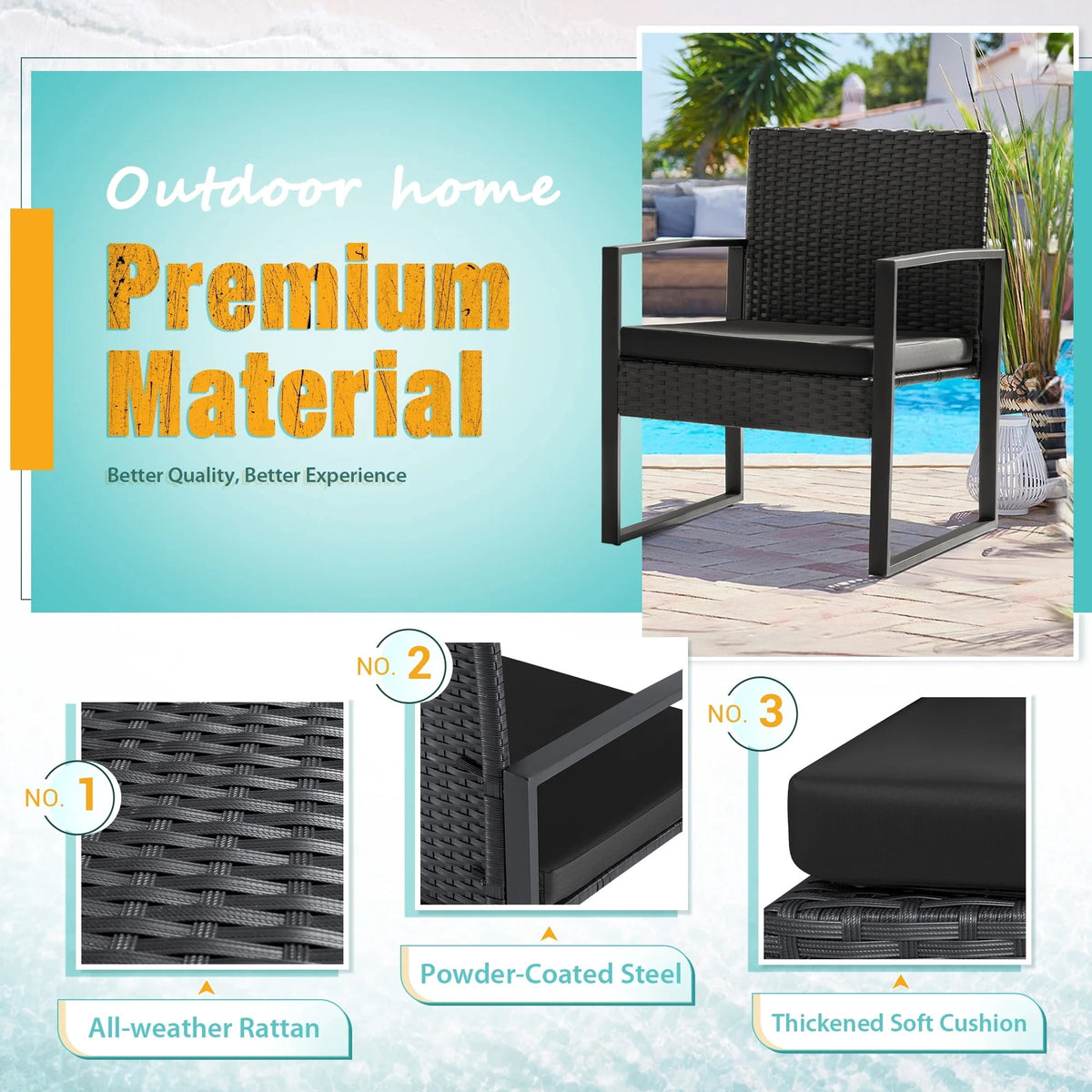 Homall 3 Pieces Outdoor Bistro Chair Set PE Rattan Patio Conversation Set of 2 with Cushion and Coffee Table, Black