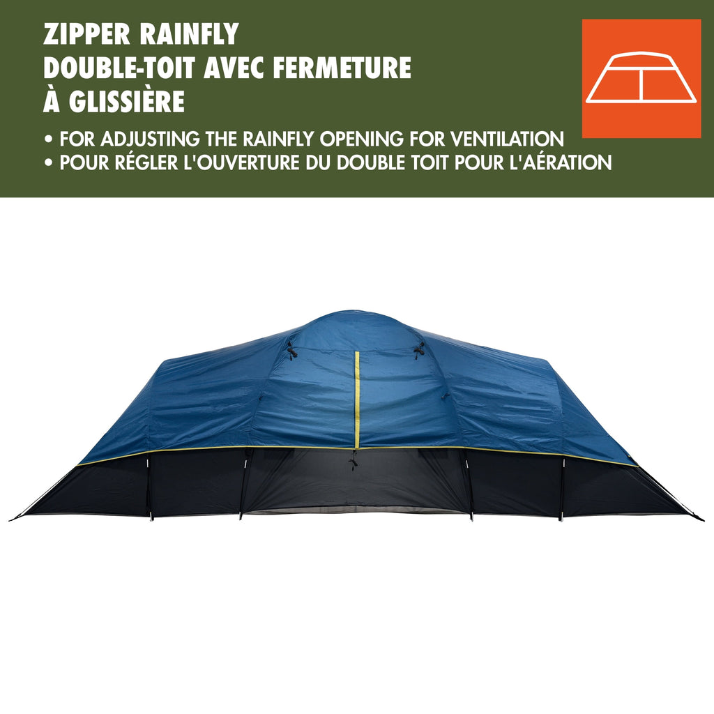 Ozark Trail, 10-Person Dome Tent, Rain Fly, Screened Front Porch, Easy to Assemble Fiberglass Poles. Blue Color, Ideal for Family Camping, 27.45lbs.