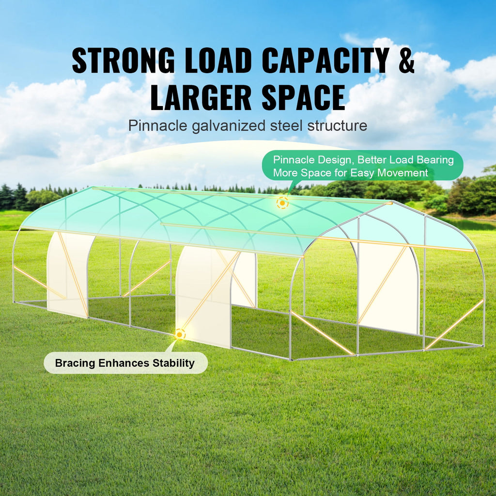 KFFKFF Tunnel Greenhouse, 29.5x9.8x6.6 ft, Peaked Roof, Green PE Fabric, Steel Frame, Roll-up Door, 12 Ventilation Windows, for Garden