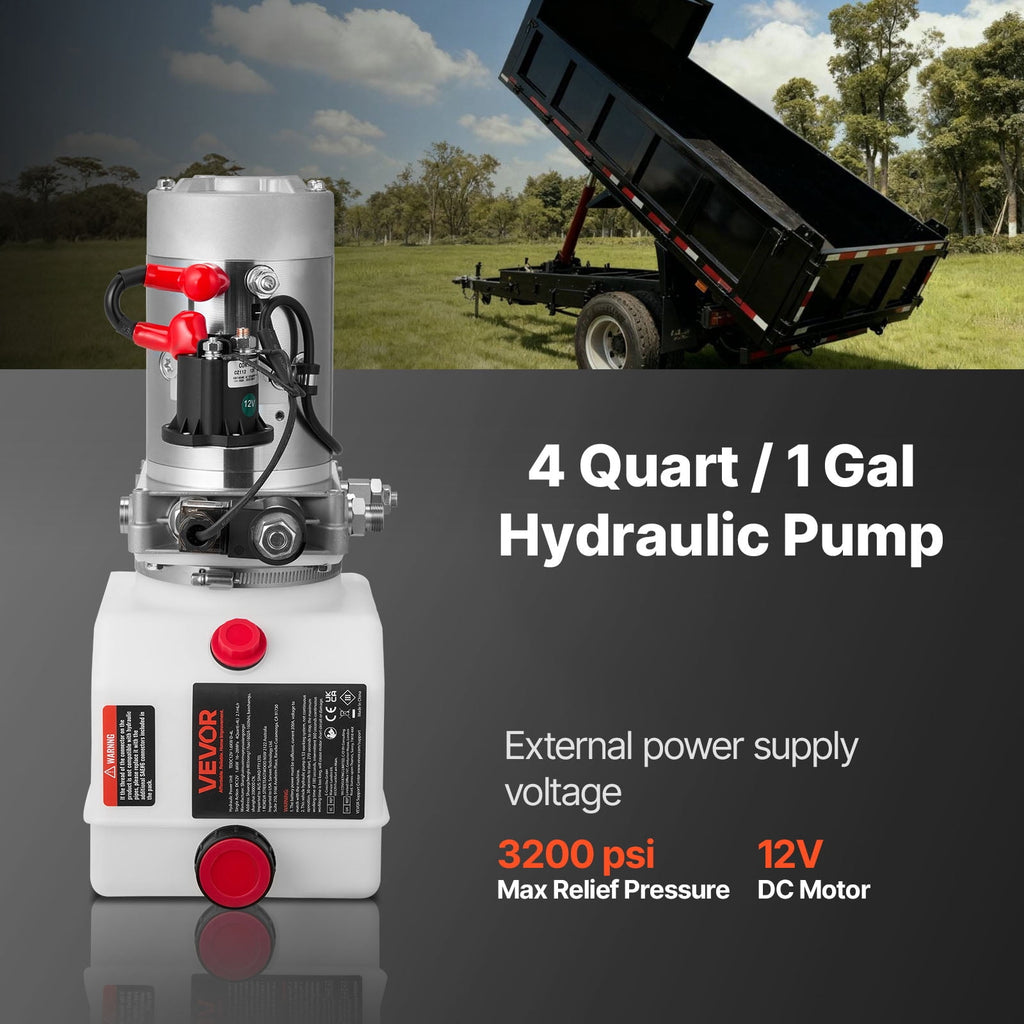 VEVOR 4-Quart Single-Acting Hydraulic Pump with Metal Reservoir, DC 12V, 3200 PSI Max, 0.91 GPM, for Dump Trailers