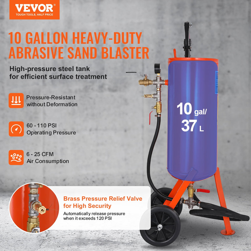 VEVOR 10-Gallon Portable Sandblaster, 60-110 PSI, Abrasive Blasting Tank with 2 Ceramic Nozzles and 7.5 ft Hose
