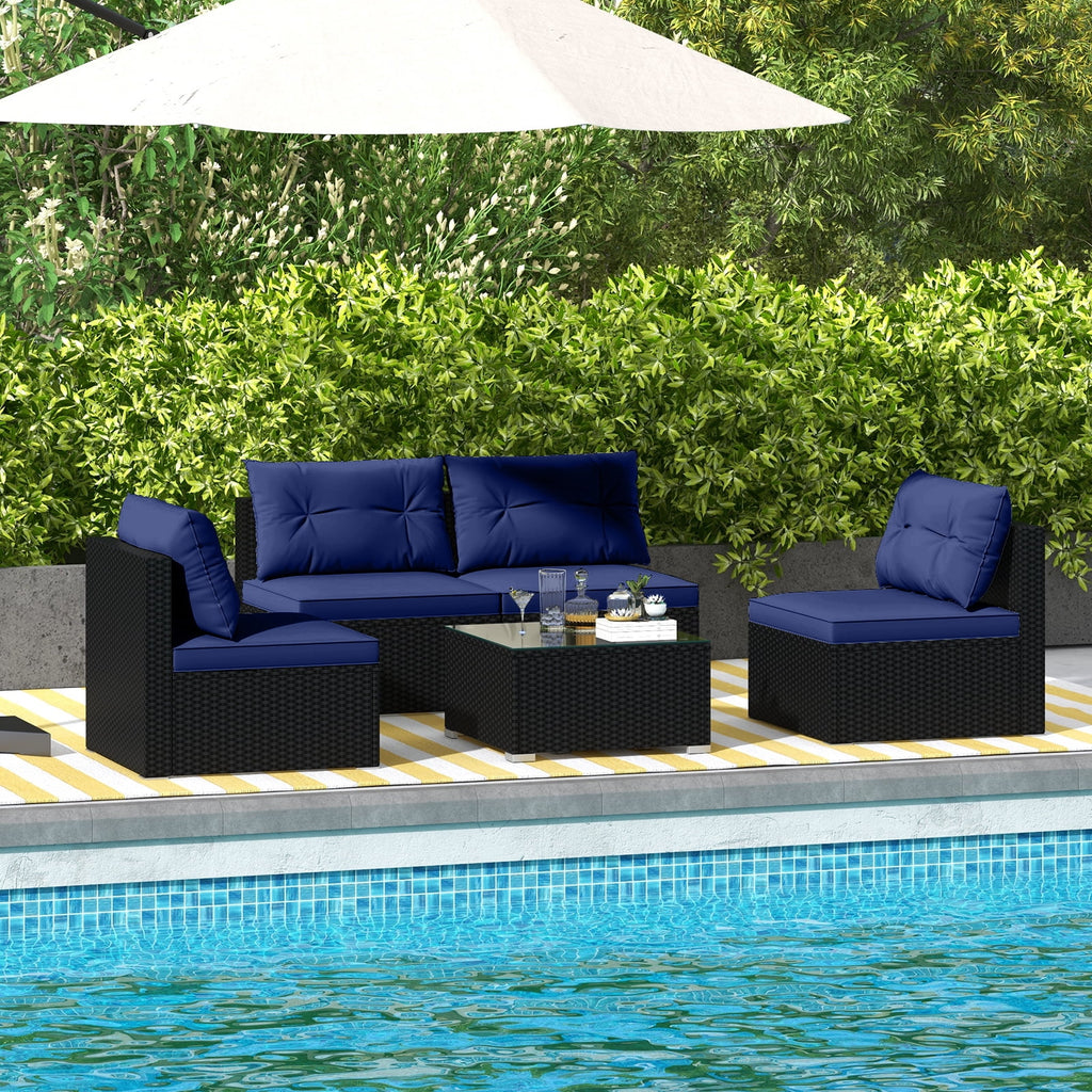 Gymax 5 PCS Patio Furniture Set w/ Seat & Back Cushions Tempered Glass Tabletop Navy
