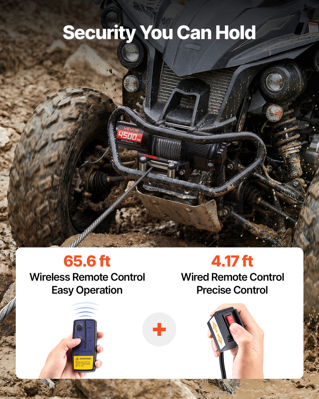 VEVOR 4500 lb 12V ATV/UTV Electric Winch, 0.24 Inch x 39.4 ft Steel Rope, Wired/Wireless Controls, IP54