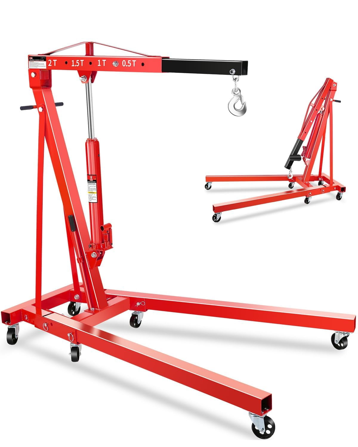 GloryStar Heavy Duty 2 Ton Engine Hoist, Hydraulic Folding Shop Crane with 6 Swivel Casters and Telescoping Boom, 4400 lbs Capacity