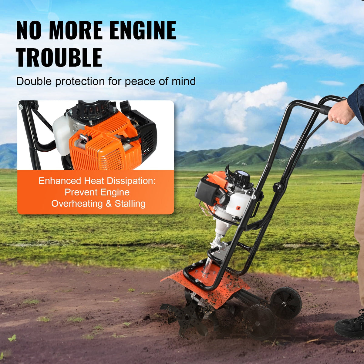 KFFKFF Tiller Cultivator, 31CC 4-Stroke Garden Tilling Machine, Cultivator with 4 Steel Modifiable Front Tines for Lawn, Garden and Field Tilling