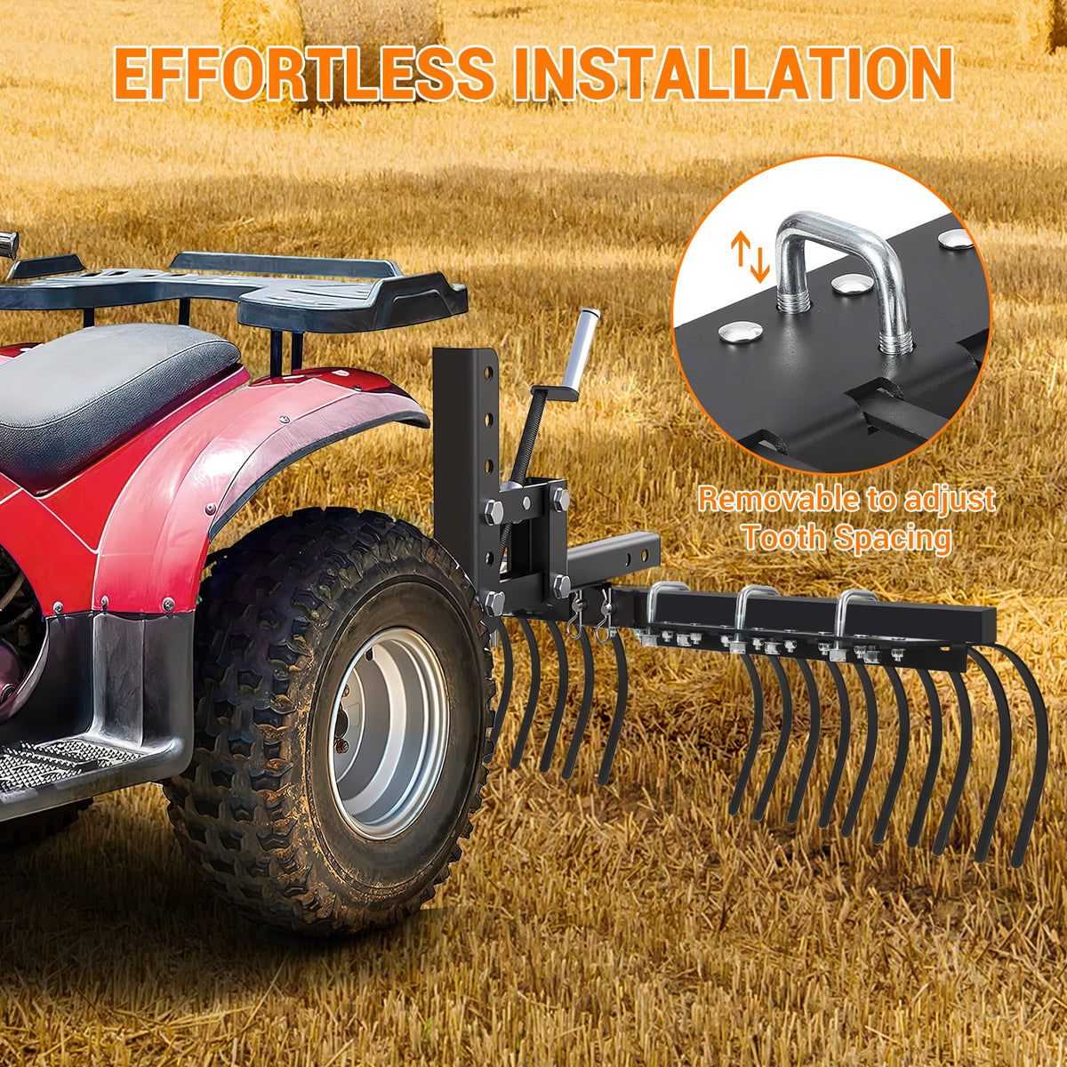 60-Inch ATV/UTV Landscape Rake Attachment, 20 Removable Steel Tines, Compatible with Manual Implement Lift