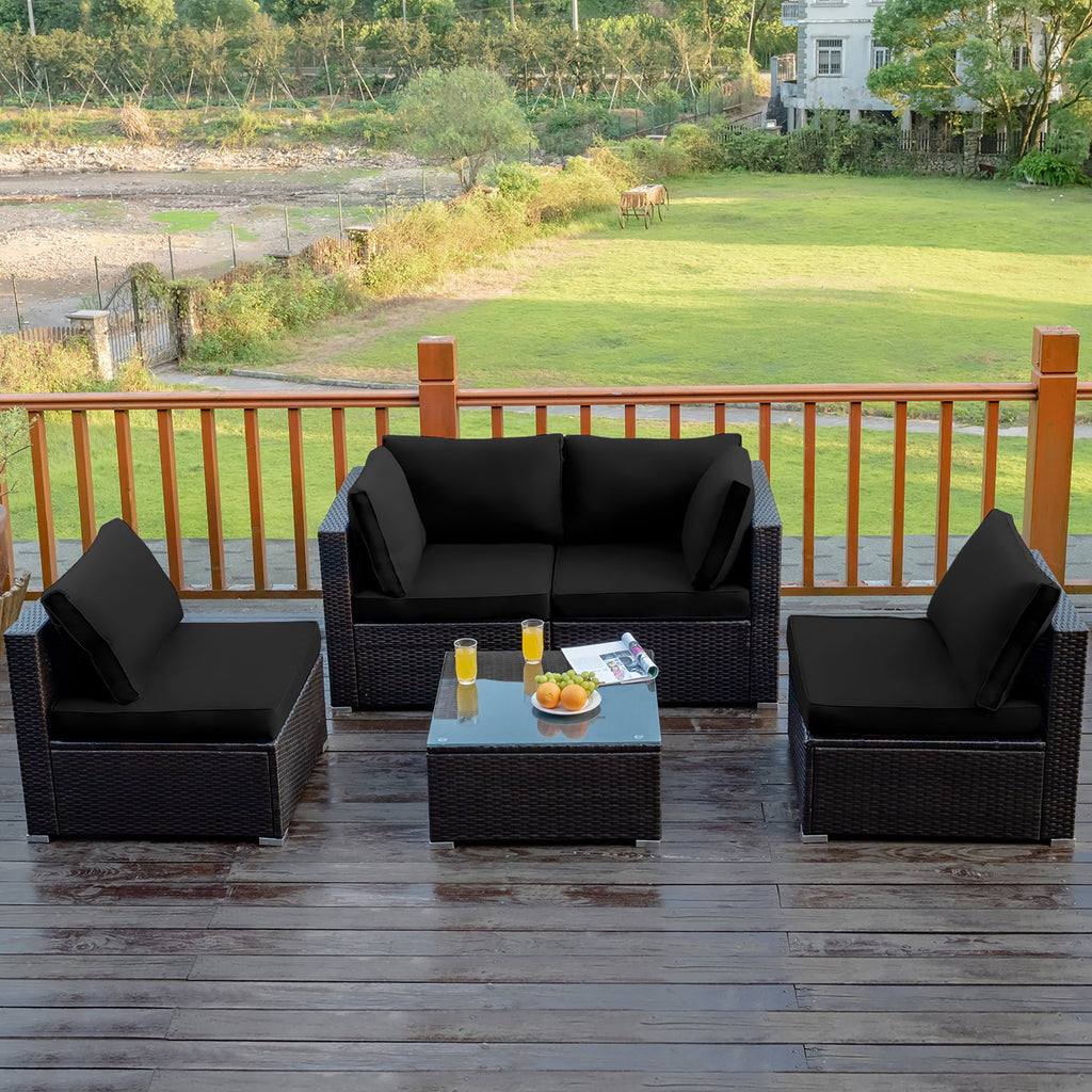 Costway 5PCS Patio Rattan Furniture Set Cushioned Sofa Chair Coffee Table Black