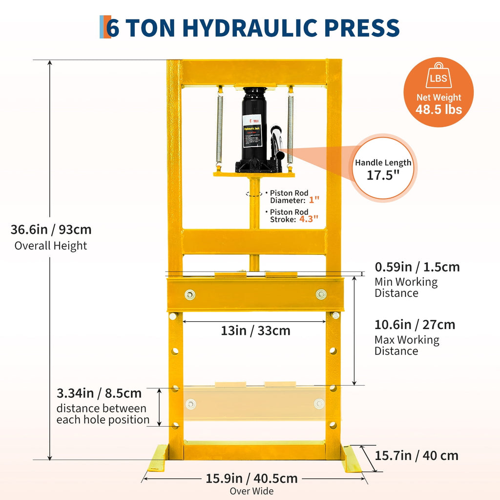 Hydraulic Shop Press Machine, Adjustable Heavy Duty Metal Hydraulic Floor Press with Movable Plates & h-Frame for Garage Workshop Industry