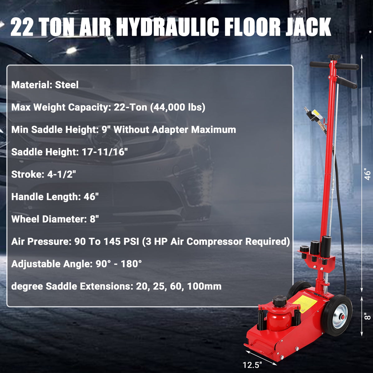 22-Ton/44,000 lb Air Hydraulic Floor Jack, Dual Power, 46-Inch Adjustable Handle and Wear-Resistant Tires, Red