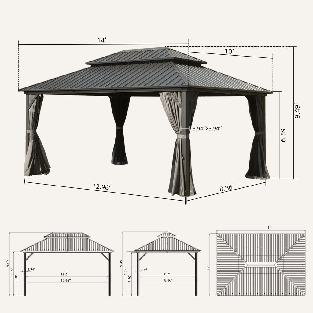Domi Outdoor 10x14 ft Hardtop Gazebo Canopy Metal with Galvanized Steel Double Roof,Curtain & Netting for Patio Deck Backyard, Gray