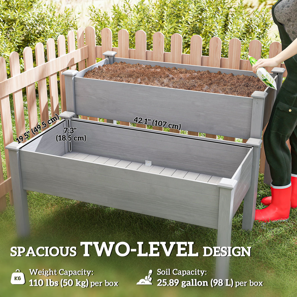 Outsunny 2 Tiers Raised Garden Bed, Wooden Elevated Planter Box, Grey