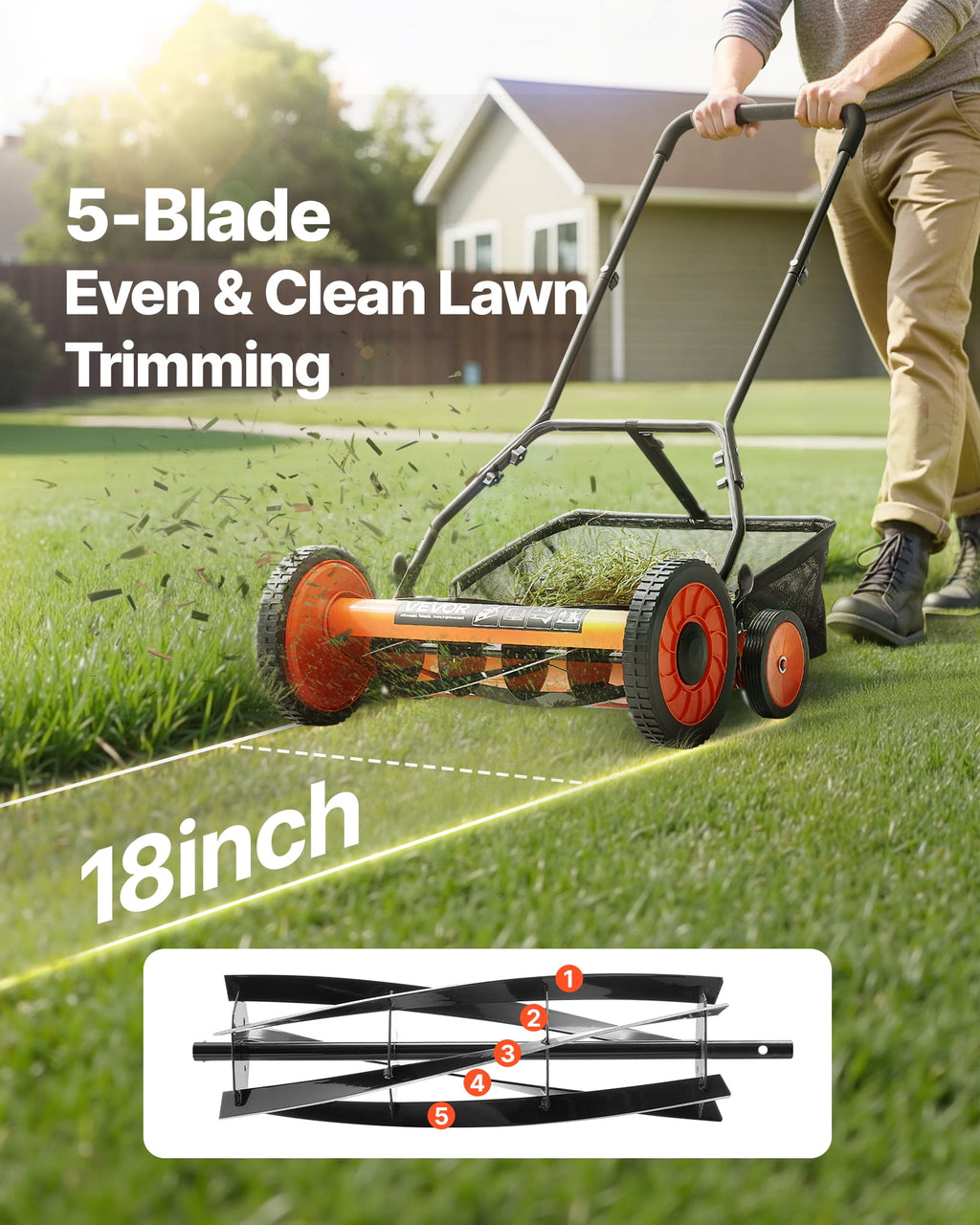 VEVOR 18" Manual Push Reel Lawn Mower 5-Blade Adjustable Height Grass Catcher 4 Wheels