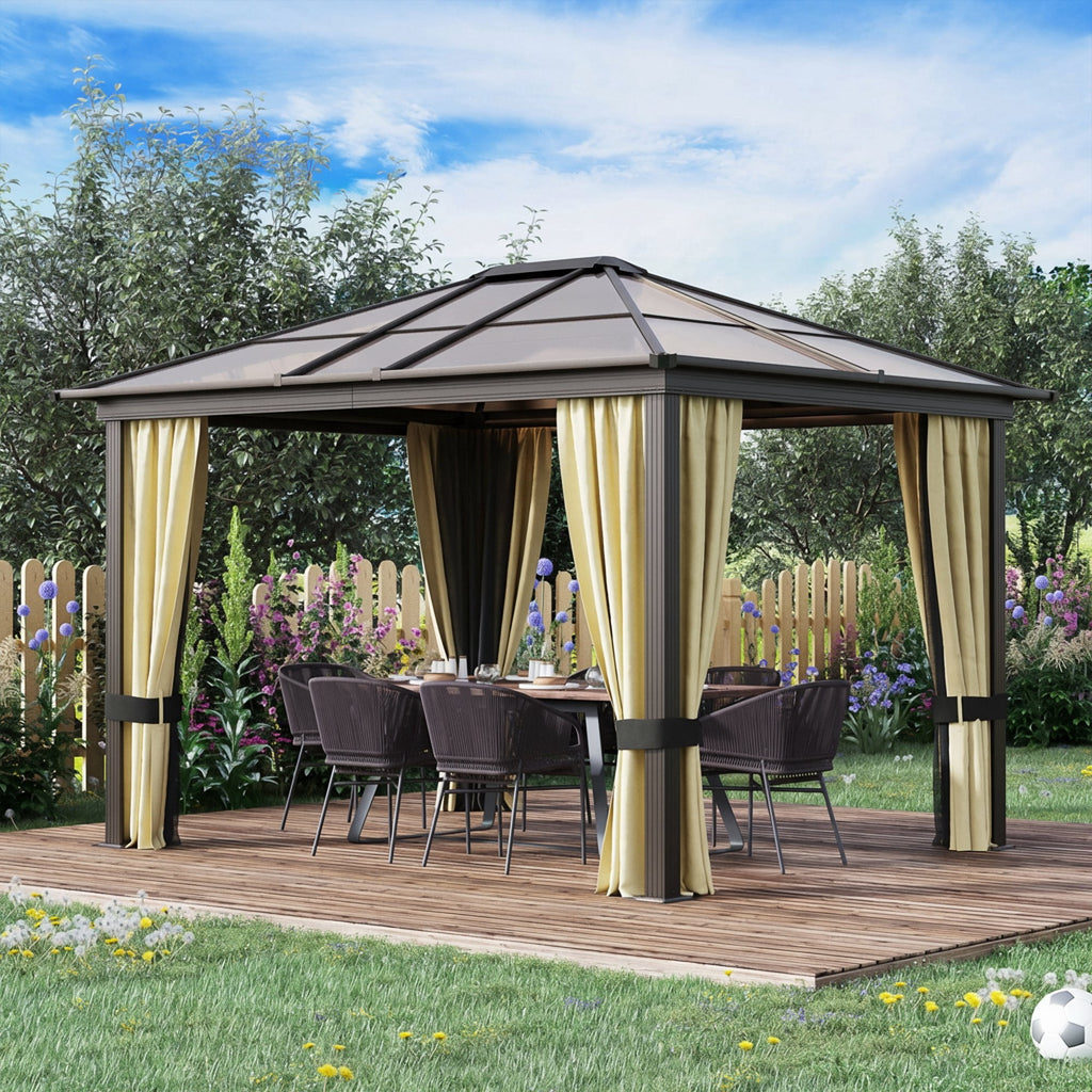 Outsunny 10x12 Ft Hardtop Gazebo, Aluminum Frame, Polycarbonate Roof, Sidewalls and Mosquito Netting