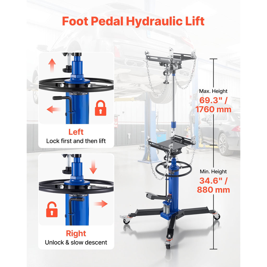 KFFKFF 0.6-Ton/1322 lb Hydraulic Transmission Jack, Dual Telescopic Lift, Foot Pedal, 34.6-69.3 Inch Height