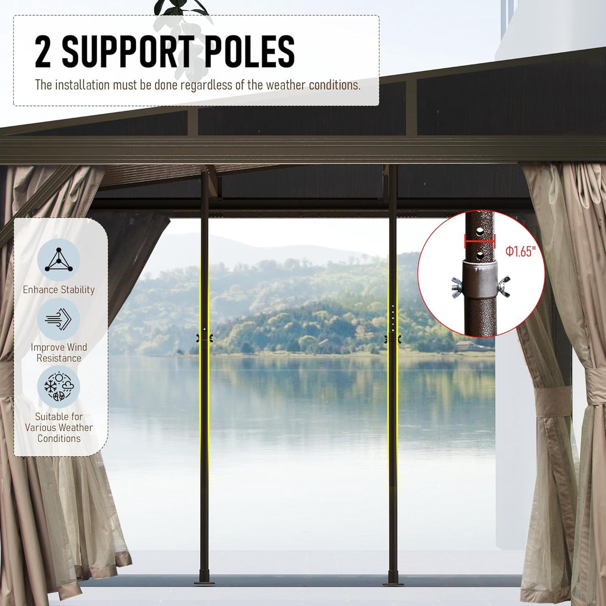 Domi 10x14FT Lean-To Gazebo, Outdoor Wall-Mounted Aluminum Frame Canopy with Sloping Galvanized Steel Roof, Netting & Curtains for Deck/Porch/Backyard