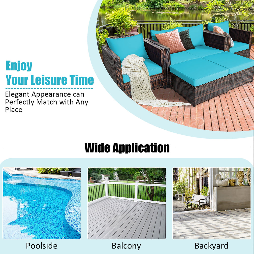 Costway 5PCS Patio Rattan Furniture Set Loveseat Sofa Ottoman Cushion Turquoise